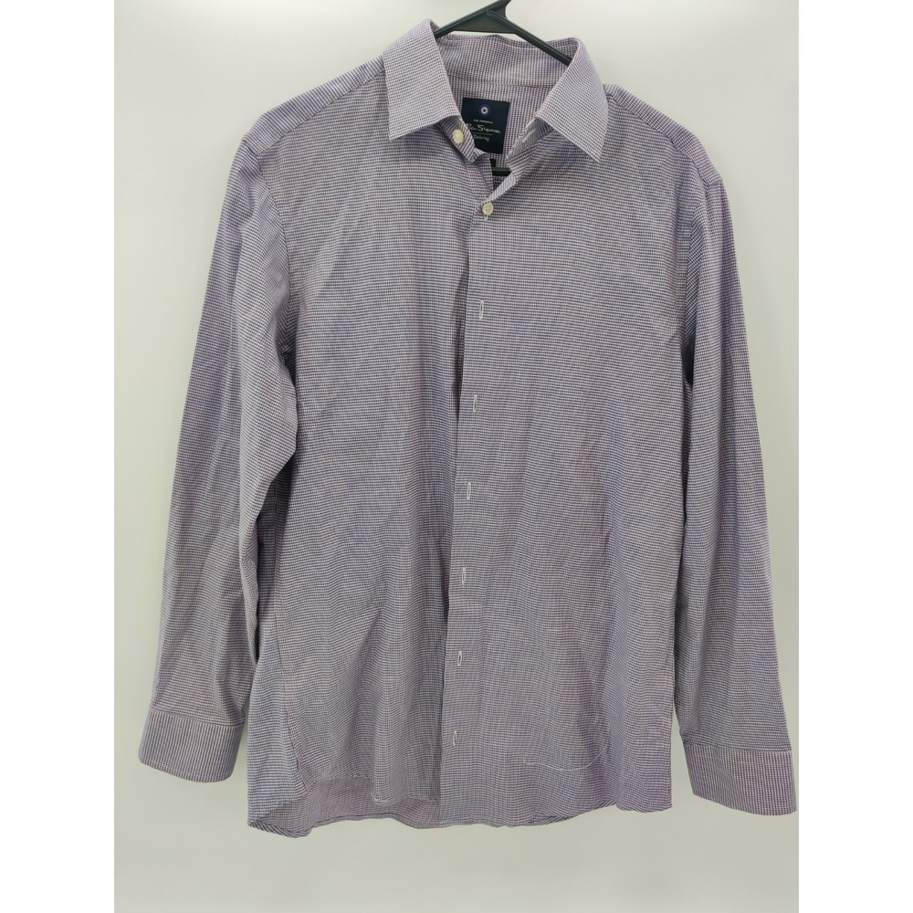 Ben Sherman Tailoring Mens Purple White Houndstooth Stretch Shirt M15-15.5 32/33